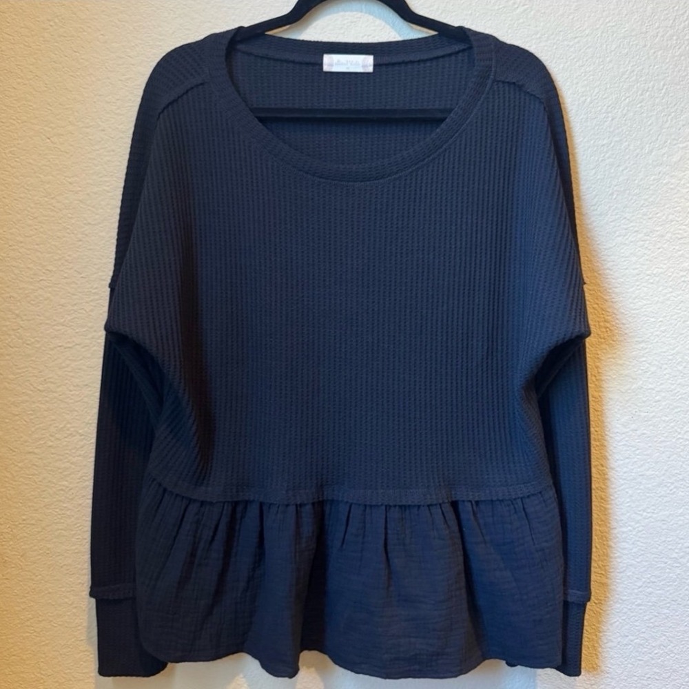 Altar'd State Waffle Knit Peplum Top Black Long Sleeve Thermal Mixed Media Med